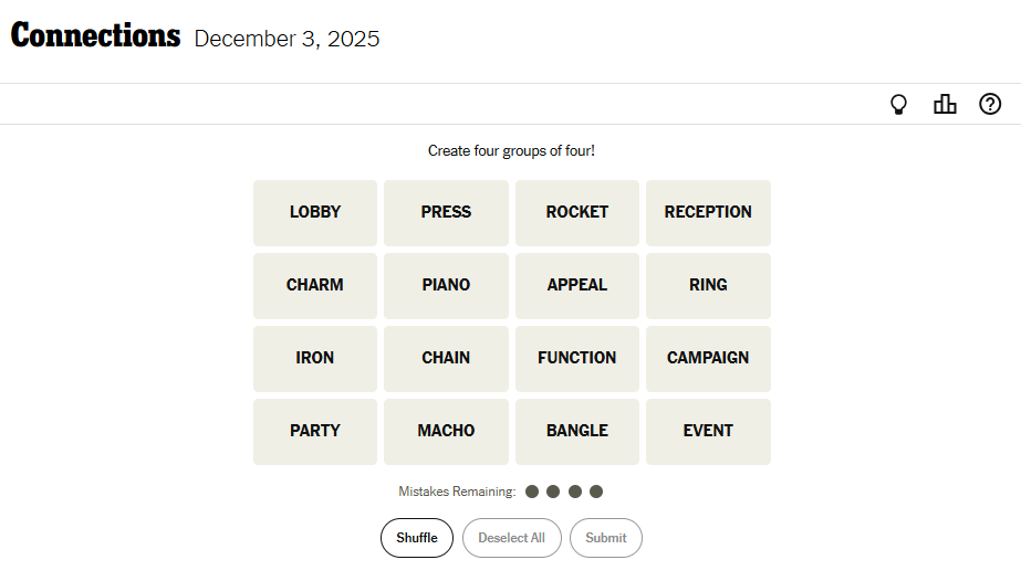 Today's NYT Connections For December 3, 2025, Word List