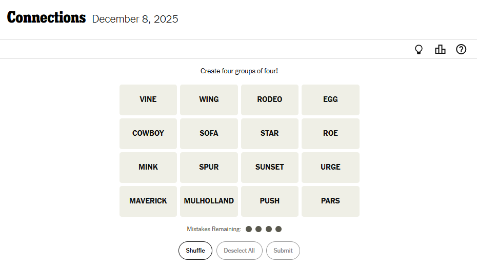 Today's NYT Connections For December 8, 2025, Word List