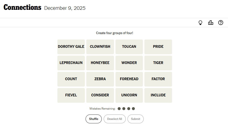 Today's NYT Connections For December 9, 2025, Word List