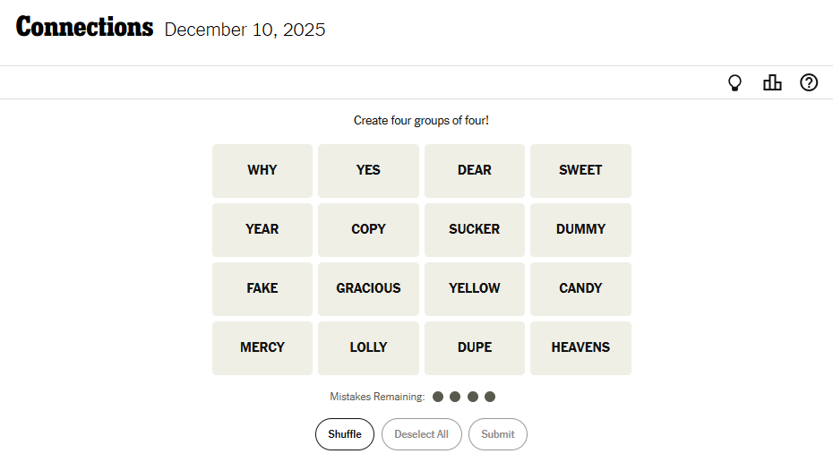 Today's NYT Connections For December 10, 2025 Word List