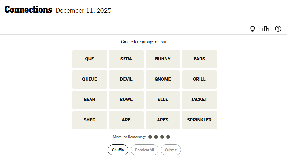 Today's NYT Connections For December 11, 2025 Word List