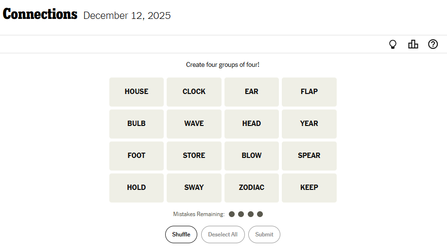 Today's NYT Connections For December 12, 2025 Word List