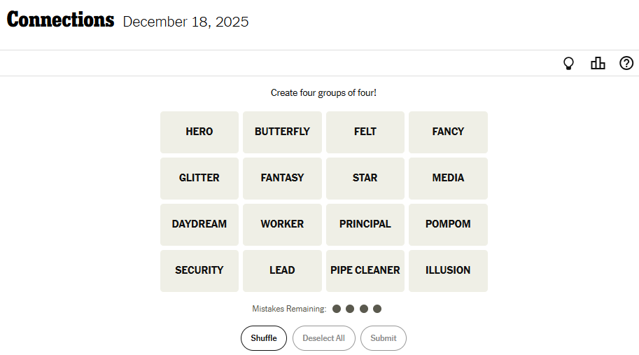 NYT Connections For December 18, 2025 Word List