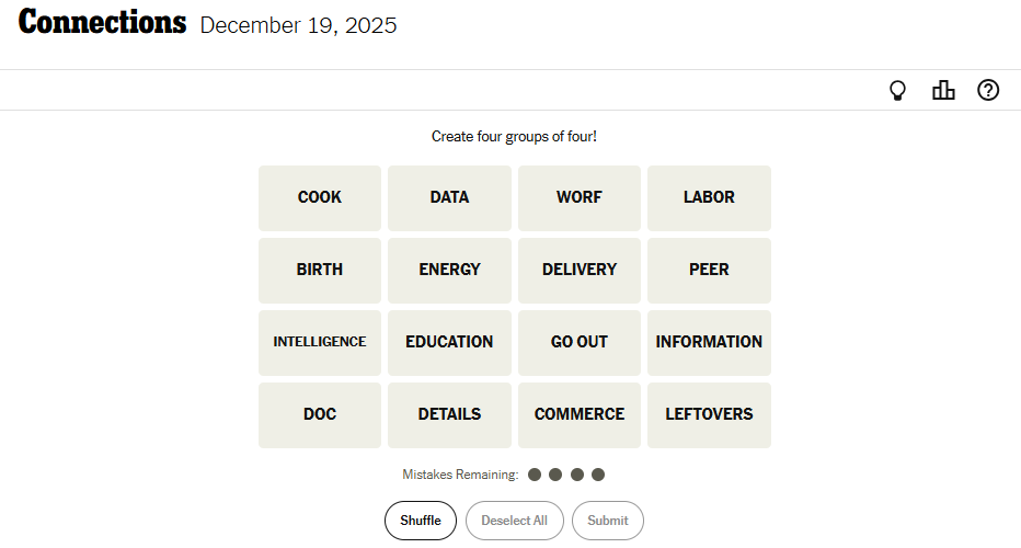 Today's NYT Connections For December 19, 2025 Word List