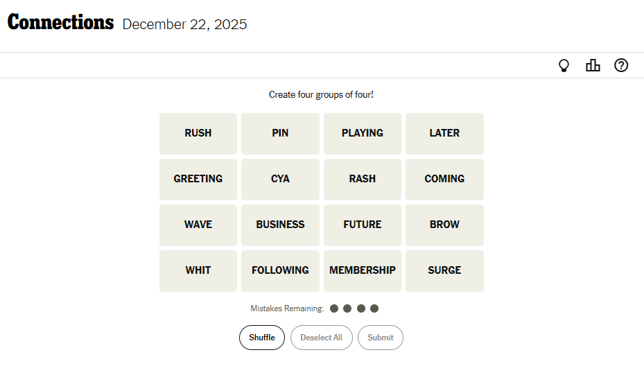 NYT Connections For December 22, 2025 Word List