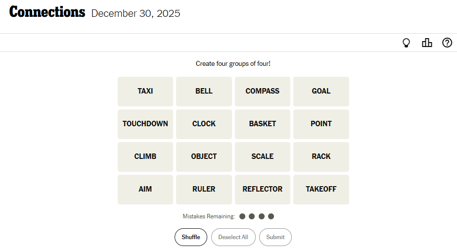Today's NYT Connections For December 30, 2025 Word List