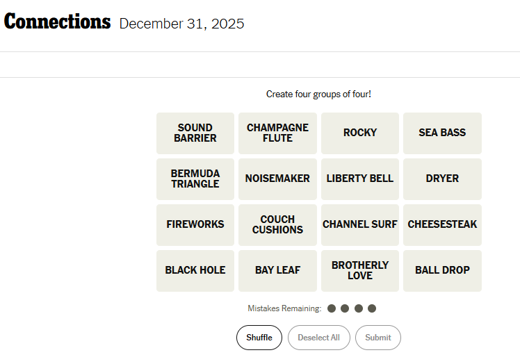 Today's NYT Connections For December 31, 2025 Word List