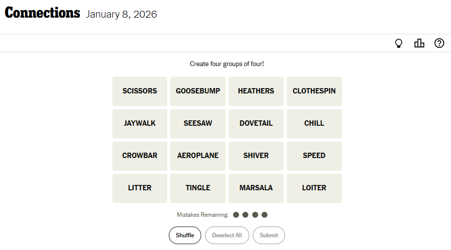 Today's NYT Connections For January 8, 2026, Word List