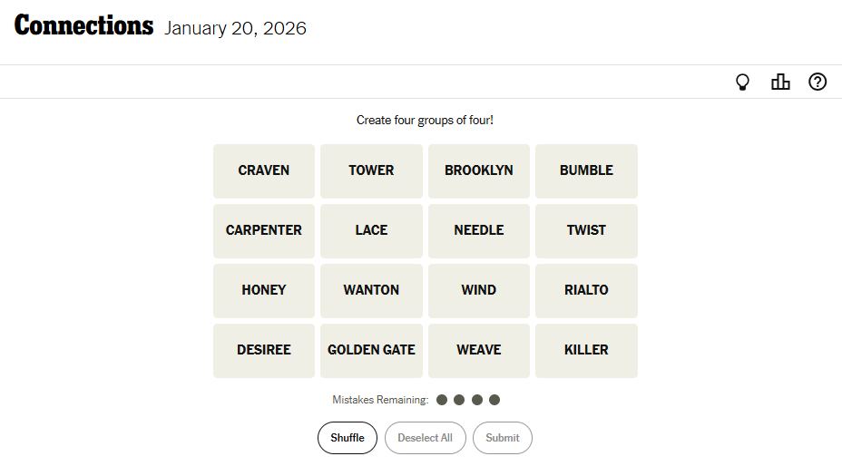 Today's NYT Connections For January 20, 2026, Word List