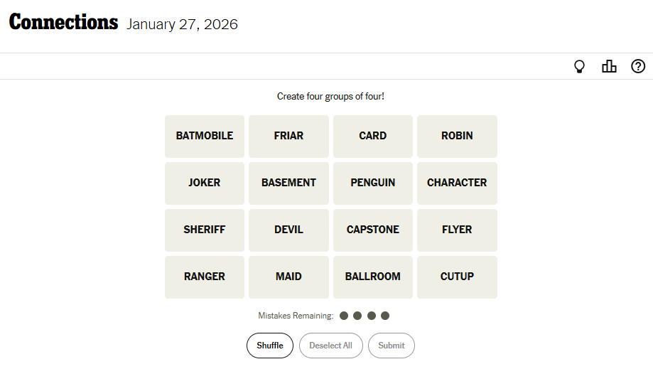 Today's NYT Connections For January 27, 2026, Word List