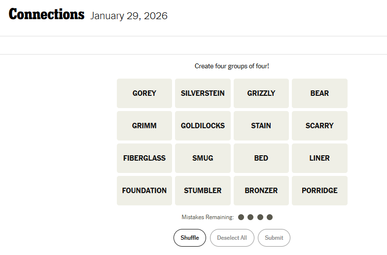 Today's NYT Connections For January 29, 2026, Word List