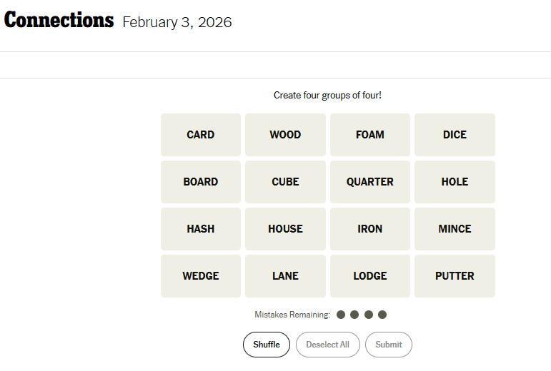 Today's NYT Connections For February 3, 2026, Word List
