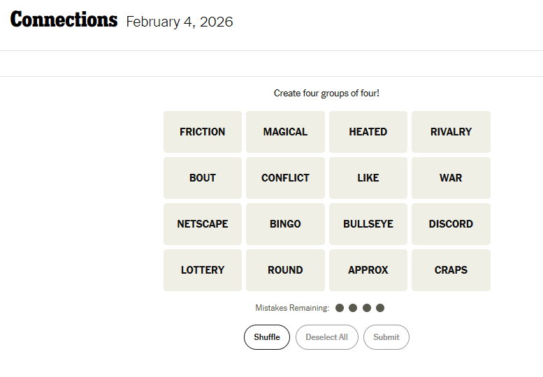 Today's NYT Connections For February 4, 2026, Word List