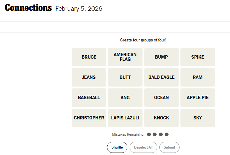 Today's NYT Connections For February 5, 2026, Word List