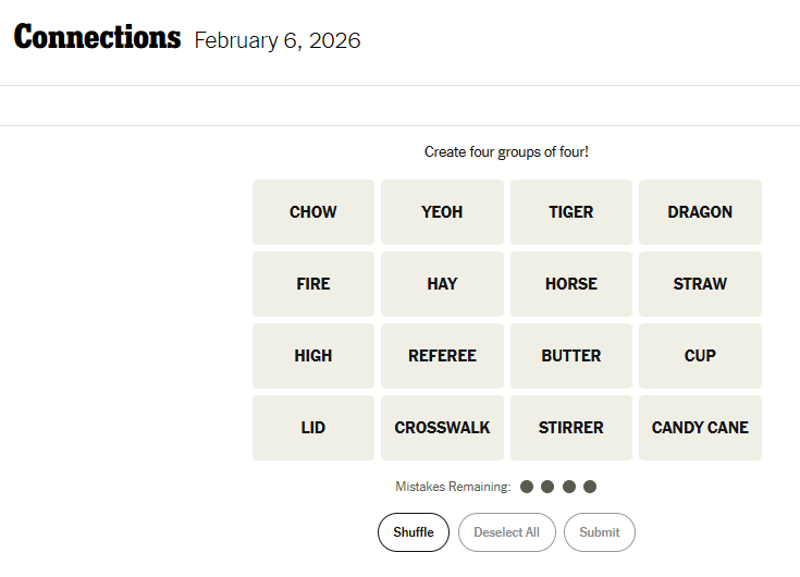 Today's NYT Connections For February 6, 2026, Word List