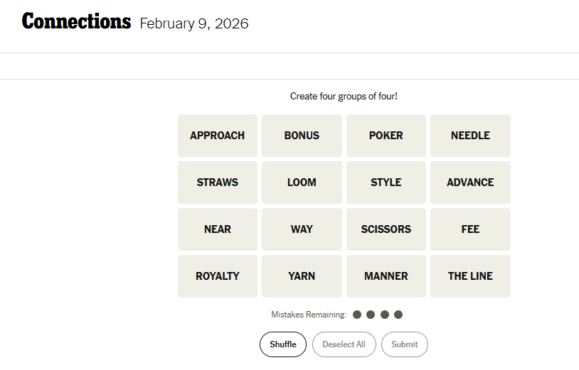 Today's NYT Connections For February 9, 2026, Word List