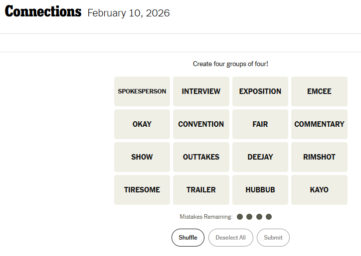 nyt connections word list feb 10, 2026