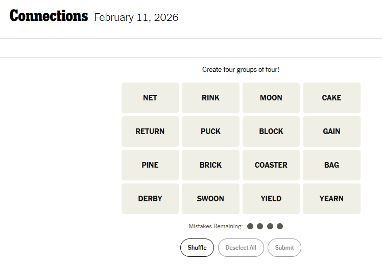 Today's NYT Connections For February 11, 2026, Word List
