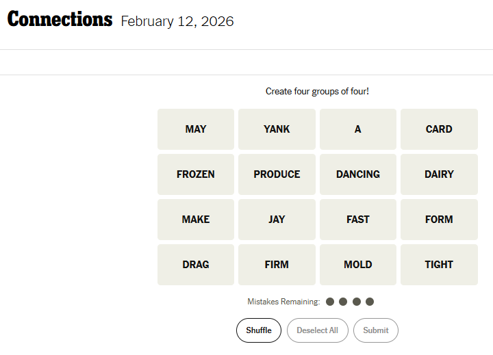 Today's NYT Connections For February 12, 2026, Word List