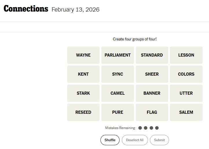 Today's NYT Connections For February 13, 2026, Word List