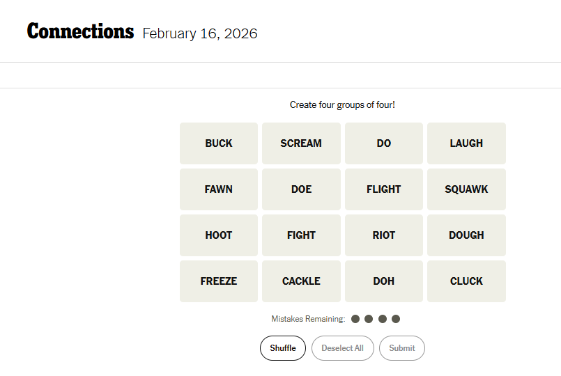 Today's NYT Connections For February 16, 2026, Word List