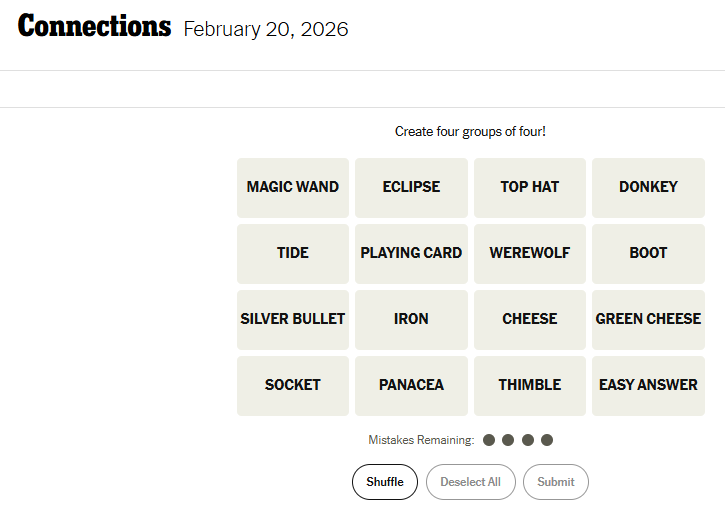 Today's NYT Connections For February 20, 2026, Word List