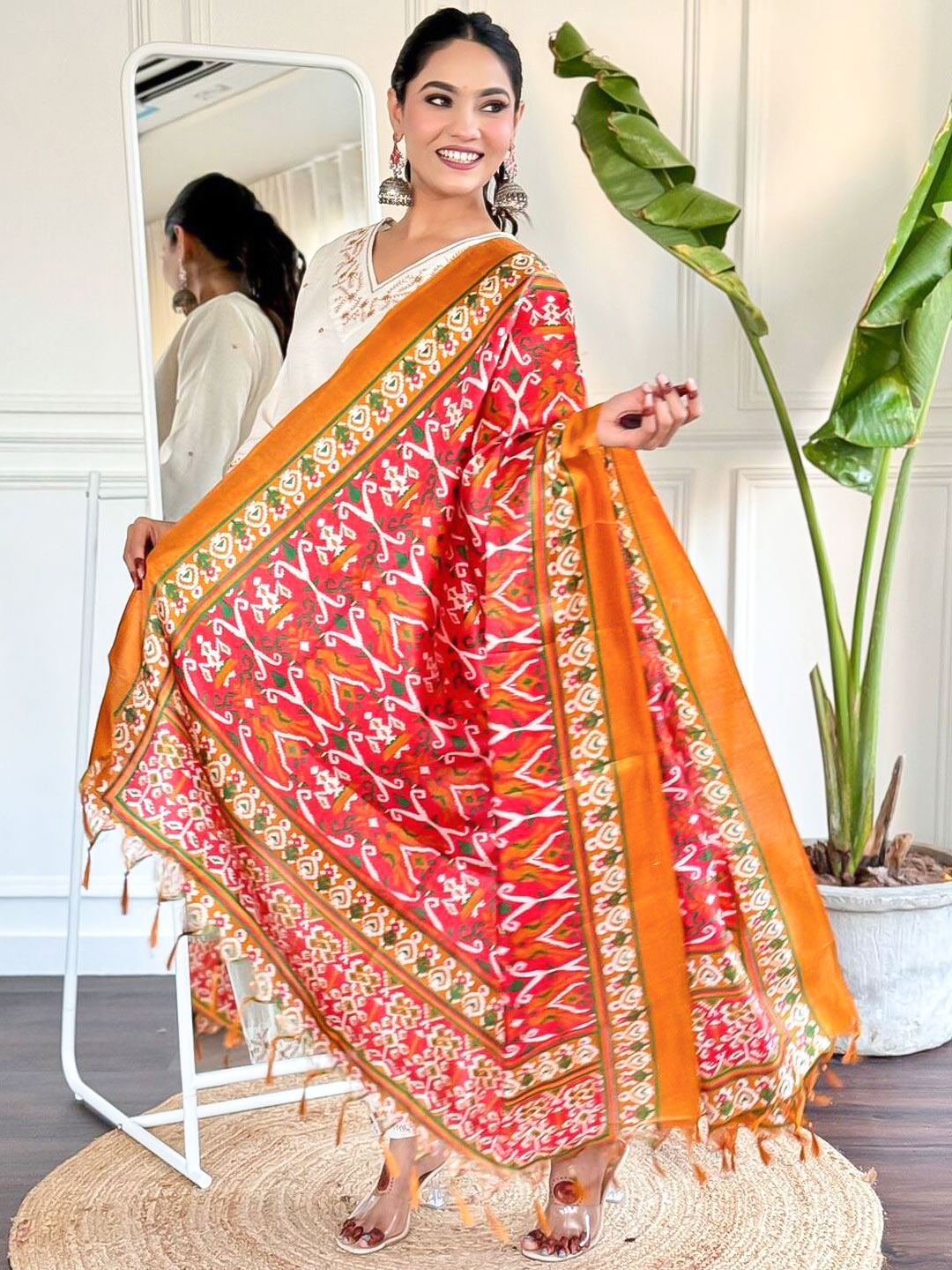 Ikkat Dupatta With White Cotton Kurta