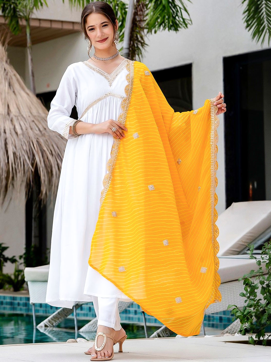 Lehriya Dupatta With White Anarkali Kurta
