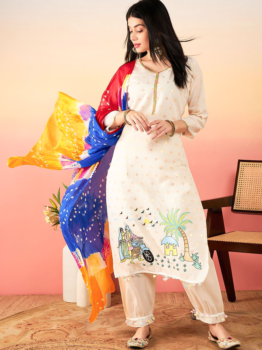 Multicoloured Dupatta With Straight White Kurta