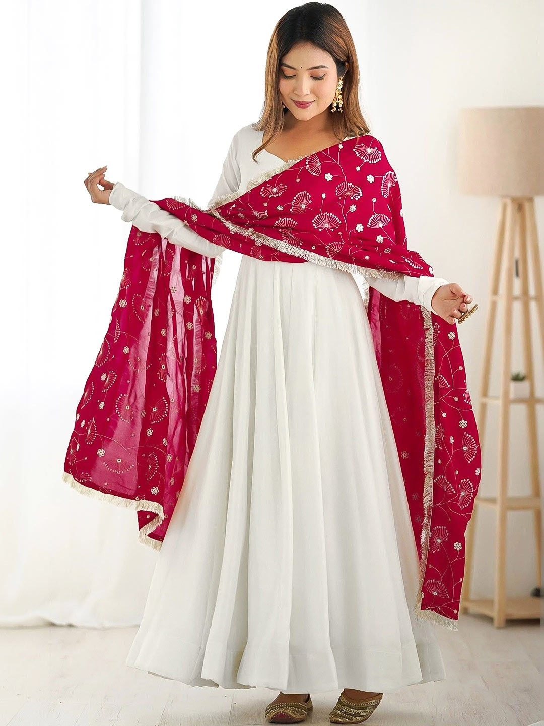 Red Printed Dupatta With White Angrakha Kurta