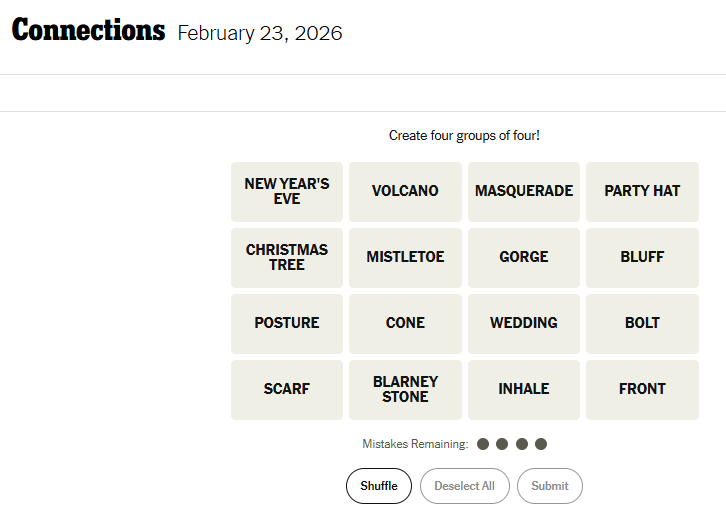 Today's NYT Connections For February 23, 2026, Word List