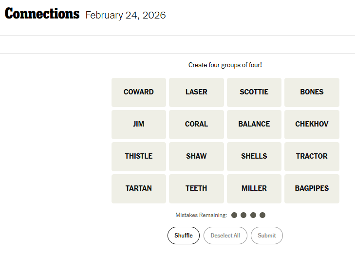 Today's NYT Connections For February 24, 2026, Word List