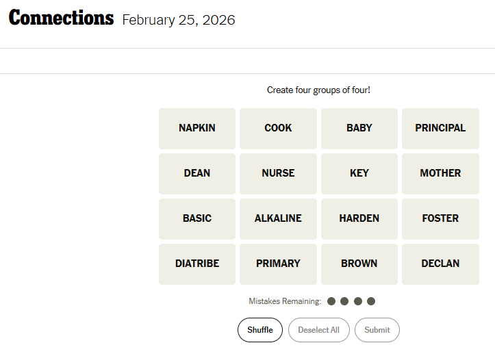 Today's NYT Connections For February 25, 2026, Word List