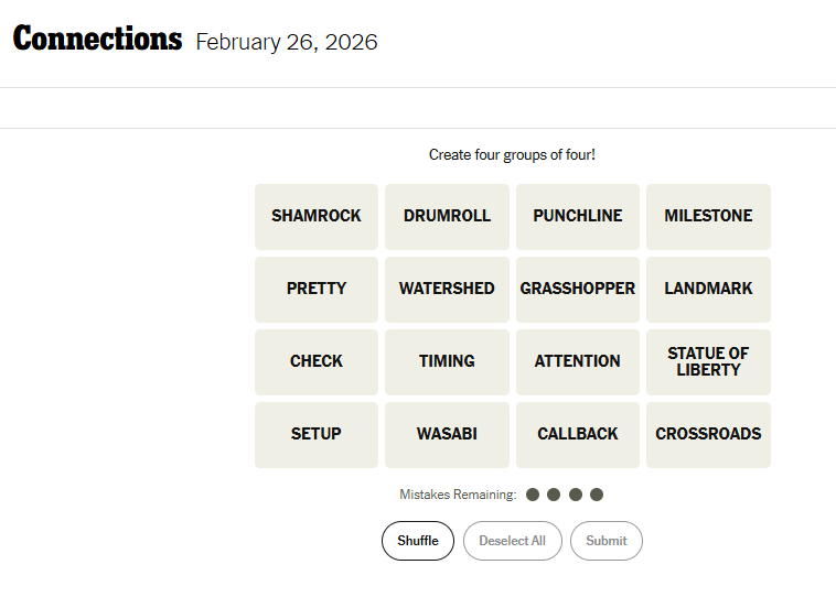 Today's NYT Connections For February 26, 2026, Word List