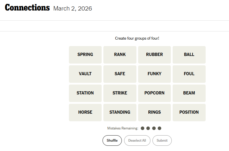 Today's NYT Connections For March 2, 2026, Word List