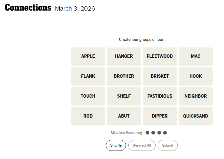 Today's NYT Connections For March 3, 2026, Word List