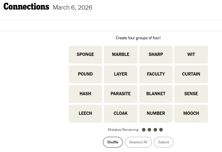 Today's NYT Connections For March 6, 2026, Word List