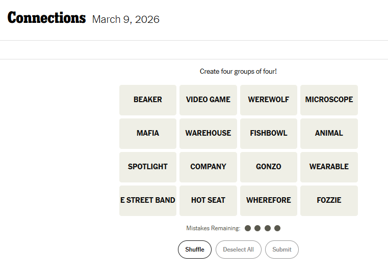 Today's NYT Connections For March 9, 2026, Word List