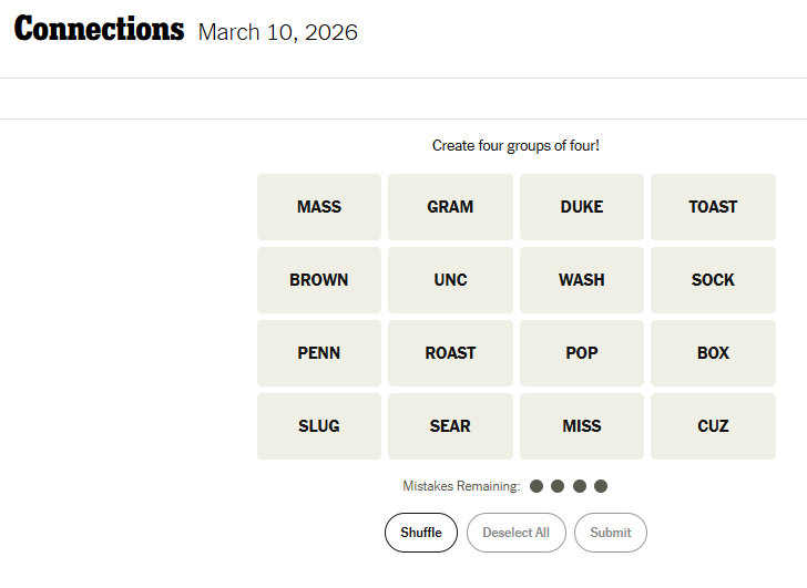 Today's NYT Connections For March 10, 2026, Word List