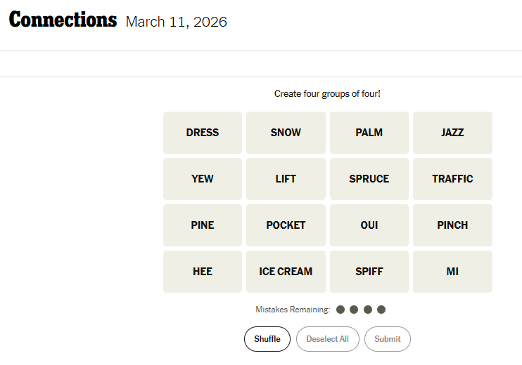 Today's NYT Connections For March 11, 2026, Word List