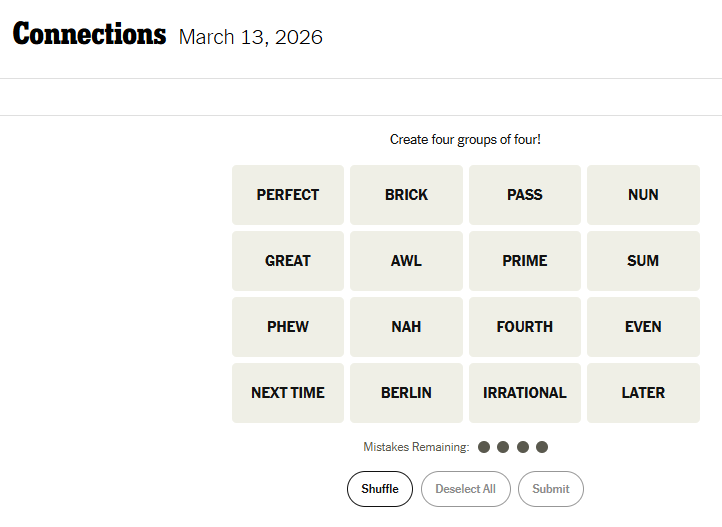 Today's NYT Connections For March 13, 2026, Word List
