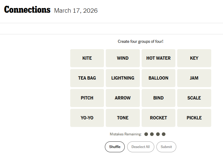 Today's NYT Connections For March 17, 2026, Word List