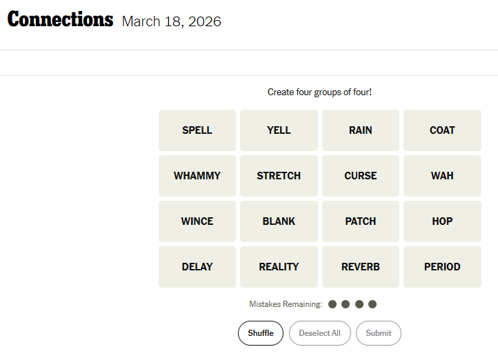 Today's NYT Connections For March 18, 2026, Word List