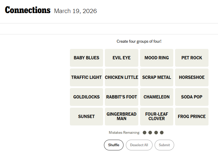 Today's NYT Connections For March 19, 2026, Word List