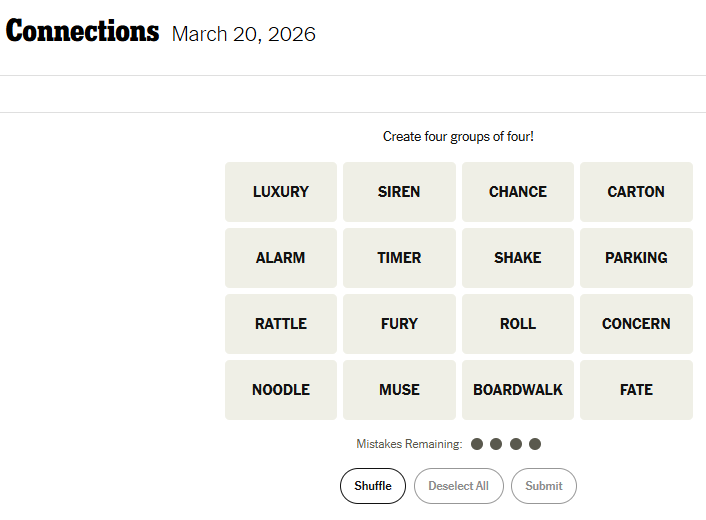 Today's NYT Connections For March 20, 2026, Word List