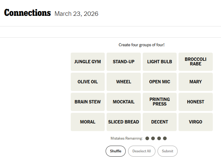 Today's NYT Connections For March 23, 2026, Word List