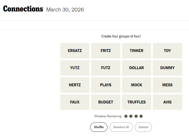 Today's NYT Connections For March 30, 2026, Word List