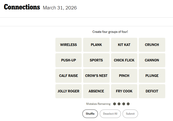 Today's NYT Connections For March 31, 2026, Word List