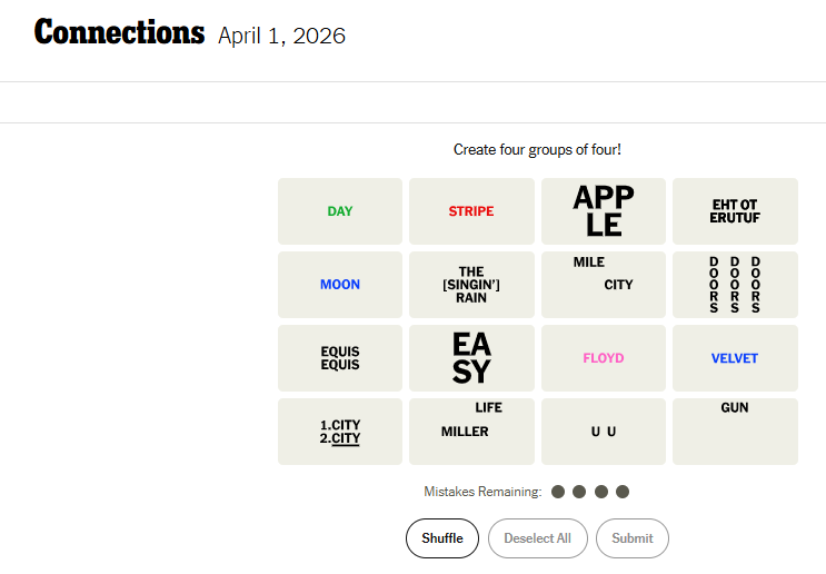 Today's NYT Connections For April 1, 2026, Word List