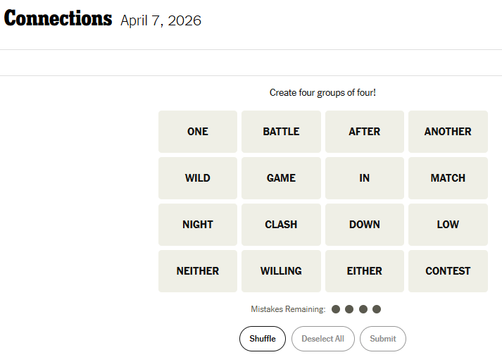 Today's NYT Connections For April 7, 2026, Word List